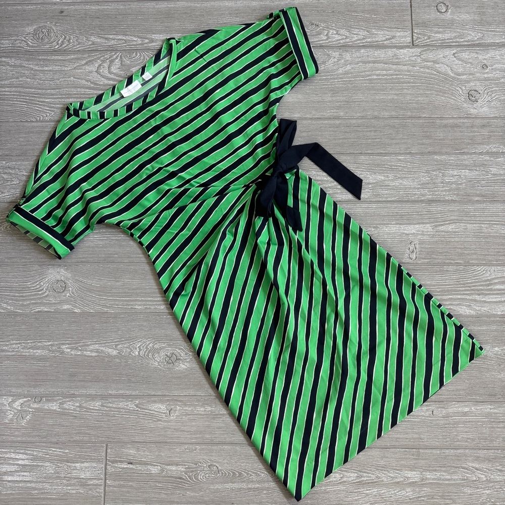 New York & Company Green and Navy Striped Short Sleeve Dress with Bow XS